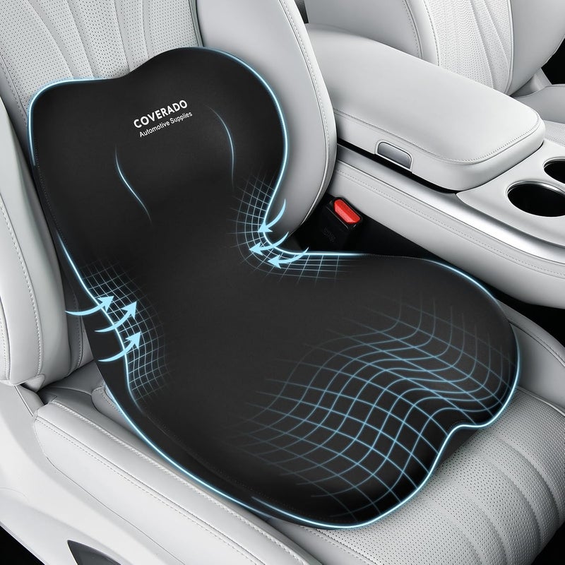 Coverado Car Seat Cushion and Lumbar Support Pillow One Piece, Memory Foam Ergonomic Back Support Driving Seat Cushion for Back Pain, Non-Slip Washable Cushion for Car, Driver, Office - Image 1